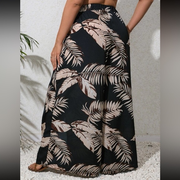 Boho Plus Size Tropical Print Slit Wide Leg Palazzo Pants - Picture 5 of 5